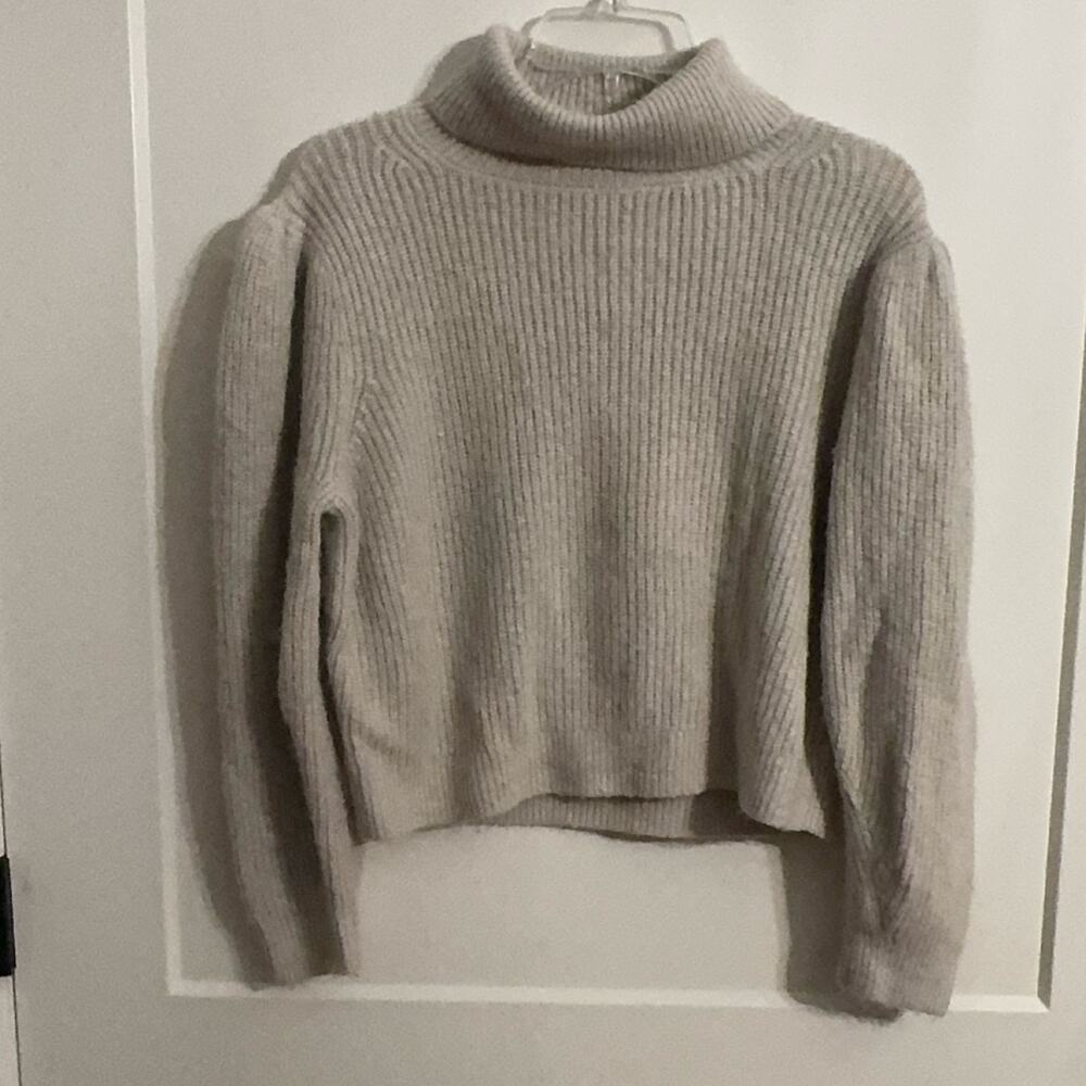 J.Crew Sz L Beige Turtleneck Sweater Wool Blend Puff Sleeve Pullover Classic
